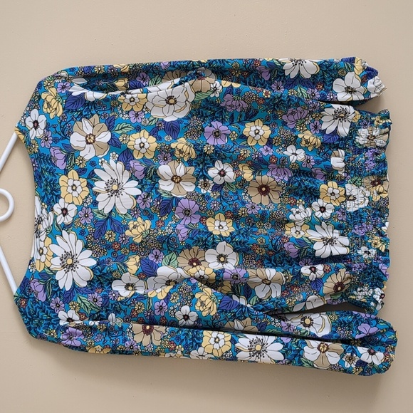 Medium Eclair Floral Flower Top Blue Purple Button Front Shirt - Picture 9 of 13